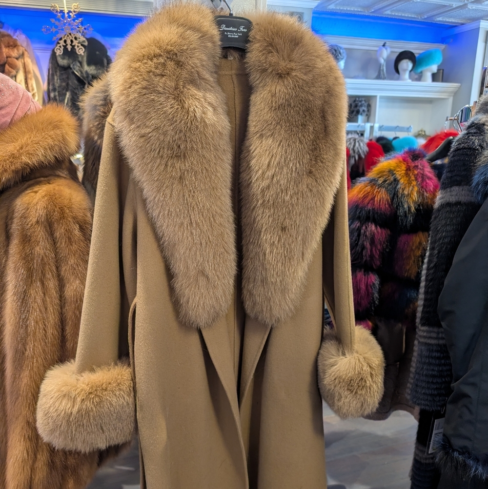 Luxurious Cashmere And Match Fox Fur Trim Coat Available.    XL, Large , Medium